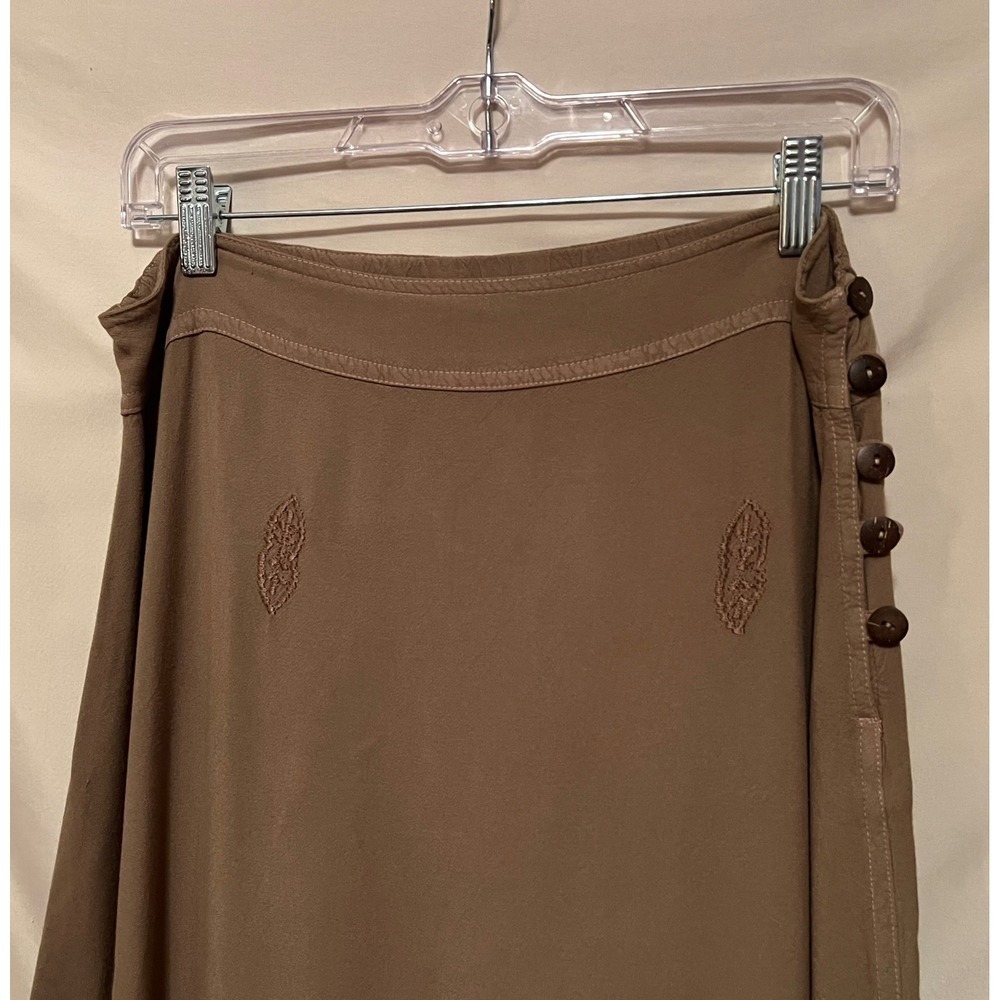 Soft Surroundings Greenish Tan Embroidered Maxi Skirt Side Button Petite Medium - Picture 5 of 7